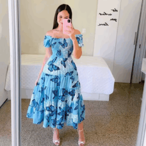 Elegant Women's Off Shoulder Midi Dress 2024 Summer Fashion dresses High Waist Flower Print Short Sleeve Dress Robe Clothing - Image 4