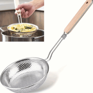 Stainless Steel Colander with Wooden Handle - Fine Mesh Skimmer Spoon for Cooking, Food Prep Grease Filtering for Pasta Noodles - Image 6