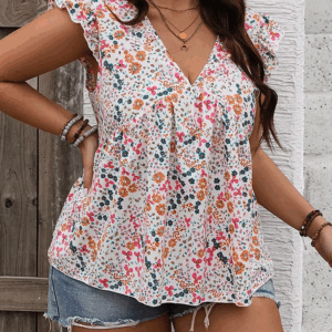 GIBSIE Plus Size Floral Print Ruffle Sleeve Blouse Women Summer Boho Fashion Tops V Neck Loose Casual Holiday Blouses 2024 New - Image 7