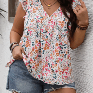 GIBSIE Plus Size Floral Print Ruffle Sleeve Blouse Women Summer Boho Fashion Tops V Neck Loose Casual Holiday Blouses 2024 New - Image 3