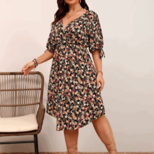 GIBSIE Plus Size Floral Print Holiday A-Line Dress 2025 Summer Women Elegant V-neck Tie Half Sleeve Elastic Boho Midi Dresses - Image 3