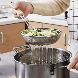 Stainless Steel Colander with Wooden Handle - Fine Mesh Skimmer Spoon for Cooking, Food Prep Grease Filtering for Pasta Noodles - Image 5