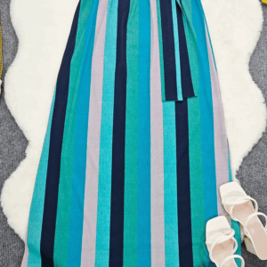 Striped Crew Neck Dress, Elegant Ruffle Sleeve Cinched Waist A-line Maxi Dress For Spring & Summer, Women's Clothing - Image 3
