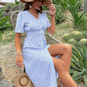 JIM & NORA Women Vintage Floral Blue Elegant V Neck Maxi Split Formal Birthday Even Dress Split Long Summer Sundress Casual - Image 3