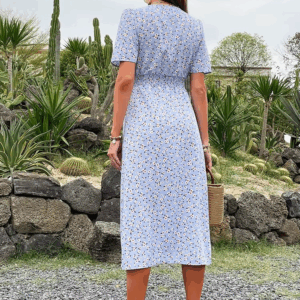 JIM & NORA Women Vintage Floral Blue Elegant V Neck Maxi Split Formal Birthday Even Dress Split Long Summer Sundress Casual - Image 4