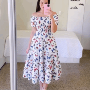 Elegant Women's Off Shoulder Midi Dress 2024 Summer Fashion dresses High Waist Flower Print Short Sleeve Dress Robe Clothing - Image 3