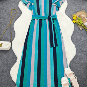 Striped Crew Neck Dress, Elegant Ruffle Sleeve Cinched Waist A-line Maxi Dress For Spring & Summer, Women's Clothing - Image 5