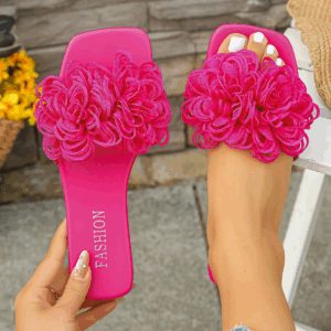 Crochet Flower Slide Sandals Woman Summer Pink Blue Floral Mule Slippers Ladies Rainbow Color Outdoor Vacation Slip-on Flat Shoe - Image 2