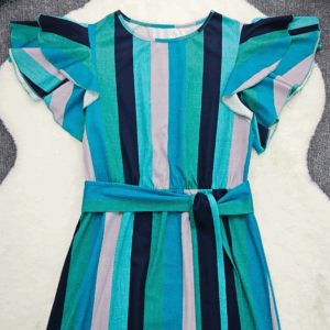 Striped Crew Neck Dress, Elegant Ruffle Sleeve Cinched Waist A-line Maxi Dress For Spring & Summer, Women's Clothing - Image 4