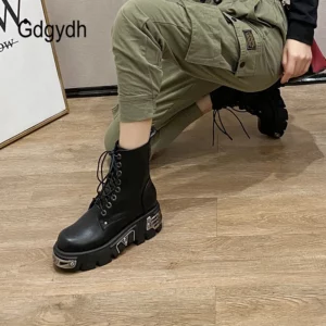 Gdgydh Darkness Punk Style Platform Women Ankle Boots Chunky Heel Black Metal Decor Women's Motorcycle Boots Lace UP Top Quality - Image 4
