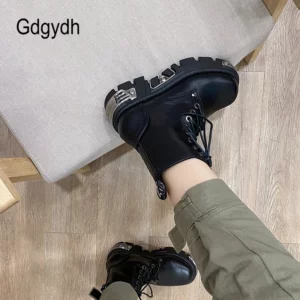 Gdgydh Darkness Punk Style Platform Women Ankle Boots Chunky Heel Black Metal Decor Women's Motorcycle Boots Lace UP Top Quality - Image 3