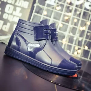 Fashion PVC Waterproof RainBoots Waterproof Flat Shoes Men Black Rainboots Blue Rubber Ankle Boots Buckle Botas 369 - Image 2