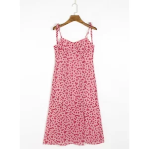 Summer Women Floral Print Chiffon Dress Elegant Party Sweetheart Neck Sleeveless Tie Spaghetti Strap High Slit Sexy Midi Dress - Image 4