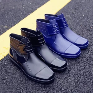 Fashion PVC Waterproof RainBoots Waterproof Flat Shoes Men Black Rainboots Blue Rubber Ankle Boots Buckle Botas 369 - Image 4