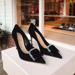 Shiny square metalic pointed toe elegant single shoes woman crystal rivets slip on pumps stiletto high heels pearl velvet shoes - Image 2