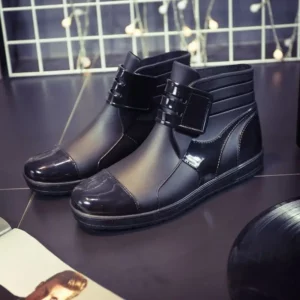 Fashion PVC Waterproof RainBoots Waterproof Flat Shoes Men Black Rainboots Blue Rubber Ankle Boots Buckle Botas 369 - Image 3
