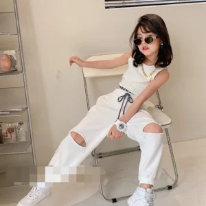 2022 Summer Children'S Clothing Sets Personalized Fashion Short-Sleeved Suit Girls T-Shirt + Hole Long Sweatpants Baby Kids Suit - Image 2