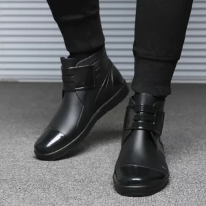 Fashion PVC Waterproof RainBoots Waterproof Flat Shoes Men Black Rainboots Blue Rubber Ankle Boots Buckle Botas 369 - Image 1