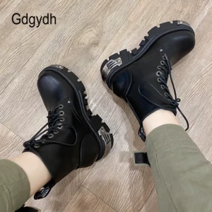 Gdgydh Darkness Punk Style Platform Women Ankle Boots Chunky Heel Black Metal Decor Women's Motorcycle Boots Lace UP Top Quality - Image 2