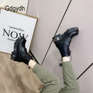 Gdgydh Darkness Punk Style Platform Women Ankle Boots Chunky Heel Black Metal Decor Women's Motorcycle Boots Lace UP Top Quality - Image 5