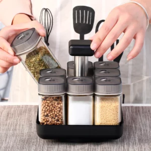 9 Pcs Set 360 Rotating Kitchen Spice Jar Pepper Sugar Glass Bottle Salt Sealed Container Seasoning Box with Storage Rack - Image 2