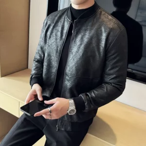 Faux Leather Plaid Jackets For Men Autumn Winter Stand Collar Long Sleeve Men's Casual Bomber Jacket PU Leather Slim Fit Coats - Image 3