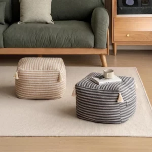 ‌Modern Fabric Floor Pouf, Zippered Washable Ottoman Stool, Tassel-Decor Balcony Seat, Entryway Storage Bench with Backrest - Image 2