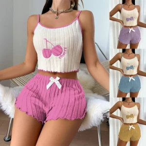 Summer 2pcs Pajamas Set for Women Casual Simple Ground Wool Halter Vest Shorts Set Home Wear Sleepwear Loungerwear - Image 4