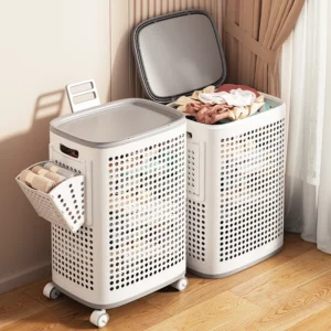Large Laundry Hamper for Home Seasonal Clothes Storage Basket Bathroom Organizer High Capacity Laundry Basket with Mute Wheels - Image 1