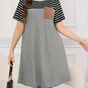 GIBSIE Plus Size Striped Casual Round Neck Short-sleeved Dress Women's Summer Tunic Pockets Fashion Loose Mini Dresses 2024 New - Image 1