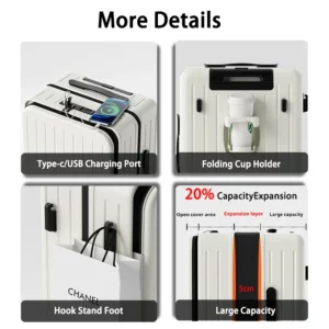 Front Open Cover Luggage Suitcase PC Material Side Opening Suitcase Cup Holder Password Trolley Case Large Capacity Travel Case - Image 3
