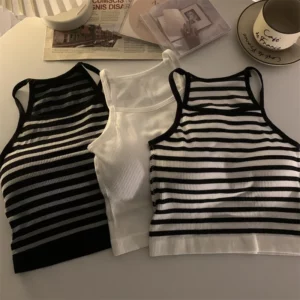 Korean Version Women Tank Tops Thread Solid Casual Fashion Crop Top with Chest Pad Stripe Sleeveless Outer Wear Basic Camisole - Image 2