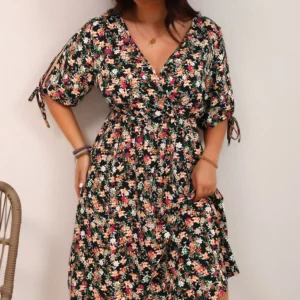 GIBSIE Plus Size Floral Print Holiday A-Line Dress 2025 Summer Women Elegant V-neck Tie Half Sleeve Elastic Boho Midi Dresses - Image 1