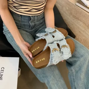 New Fashion Denim Belt Buckle Thick Sole Outside Wear 2024 Summer Flat Flip-flops Women - Image 6