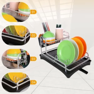 Kitchen Dish Drying Rack for Counter,Aluminum Alloy Plates And Bowls Organizer Strainer with Drainboard,Knives Hold,Silver - Image 5