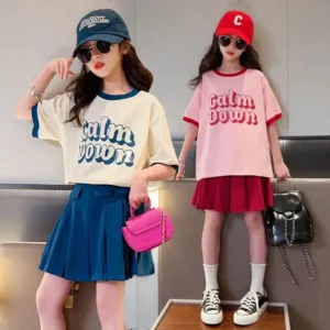 2025 NEW summer Teenager Girls Cloth short sleeve letters striped T Shirt + cargo skirt dress children set 6 7 8 9 10 11 12 year - Image 2