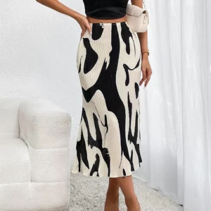 Dressy Casual Graphic Print Pleated Long Skirts Women Autumn Fashion Elastic High Waist Geometry Midi Skirt Streetwear 2023 - Image 5