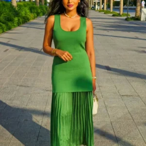 TRAFZA 2025 Woman Splicing Pleated Decoration Slim Fashion Vacation Style Dress Women Summer Sleeveless O-Neck Green Dresses - Image 5