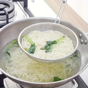 Stainless Steel Colander with Wooden Handle - Fine Mesh Skimmer Spoon for Cooking, Food Prep Grease Filtering for Pasta Noodles - Image 2