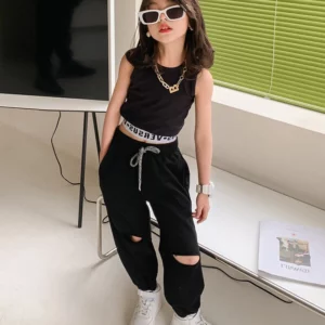2022 Summer Children'S Clothing Sets Personalized Fashion Short-Sleeved Suit Girls T-Shirt + Hole Long Sweatpants Baby Kids Suit - Image 5