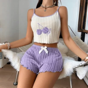 Summer 2pcs Pajamas Set for Women Casual Simple Ground Wool Halter Vest Shorts Set Home Wear Sleepwear Loungerwear - Image 3