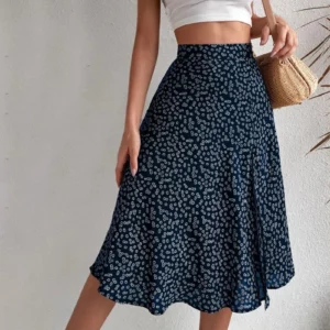 Women Summer Skirt Slit A-line Floral Print High Waist Loose Skirt Dress-up Breathable Elegant Lady Midi Skirt Female Clothes - Image 5