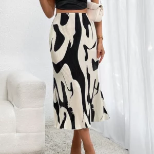 Dressy Casual Graphic Print Pleated Long Skirts Women Autumn Fashion Elastic High Waist Geometry Midi Skirt Streetwear 2023 - Image 4