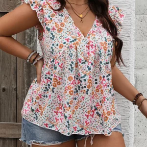 GIBSIE Plus Size Floral Print Ruffle Sleeve Blouse Women Summer Boho Fashion Tops V Neck Loose Casual Holiday Blouses 2024 New - Image 1