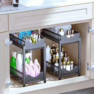 Cabinet Slide Out Shelves Pull Out Multi-Purpose Cabinet Organizer 2 Tier Heavy Duty Stackable Kitchen Shelves Organizer Drawer - Image 2