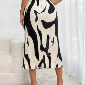 Dressy Casual Graphic Print Pleated Long Skirts Women Autumn Fashion Elastic High Waist Geometry Midi Skirt Streetwear 2023 - Image 3