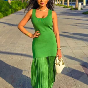 TRAFZA 2025 Woman Splicing Pleated Decoration Slim Fashion Vacation Style Dress Women Summer Sleeveless O-Neck Green Dresses - Image 3
