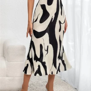 Dressy Casual Graphic Print Pleated Long Skirts Women Autumn Fashion Elastic High Waist Geometry Midi Skirt Streetwear 2023 - Image 6