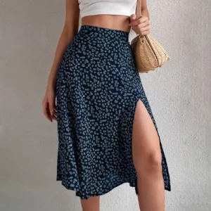Women Summer Skirt Slit A-line Floral Print High Waist Loose Skirt Dress-up Breathable Elegant Lady Midi Skirt Female Clothes - Image 6