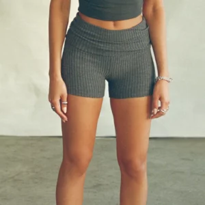 Summer Slim Knit Shorts for Women Solid Color Ribbed Fold Over Waist Skinny Short Pants for Yoga, Daily Wear - Image 5